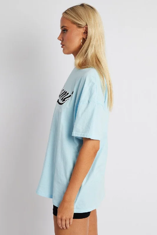 Blue Embroidery Baby Tee Slogan Crop T-shirt