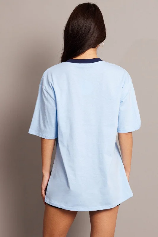 Blue Graphic Tee V Neck Short Sleeve