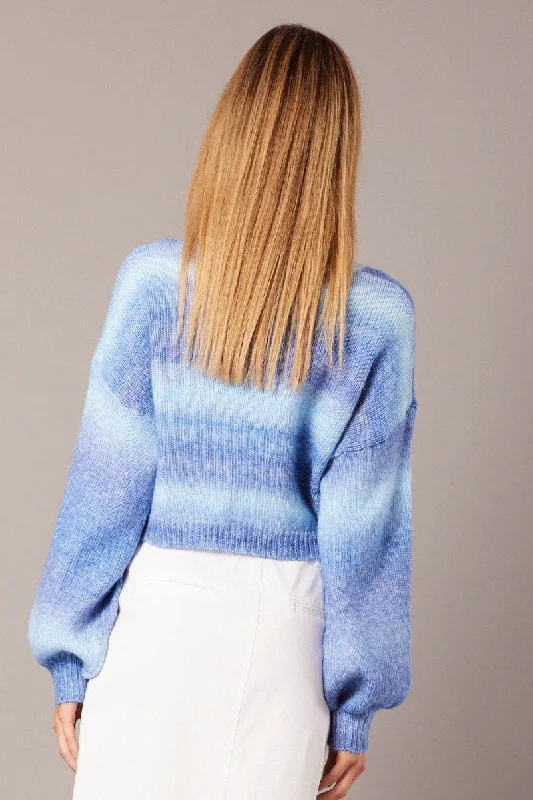 Blue Knit Top Long Sleeve Ombre