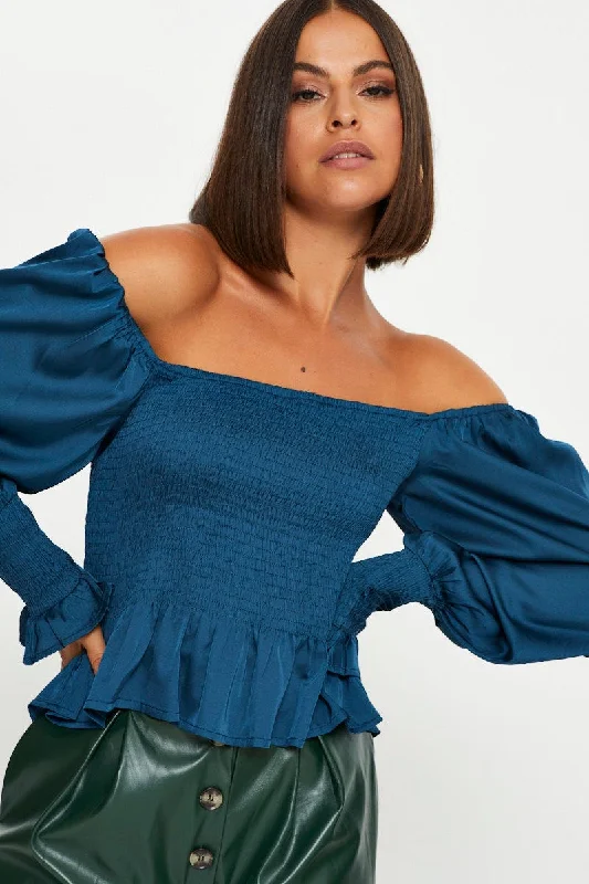 Blue Peplum Blouse Long Sleeve Off Shoulder