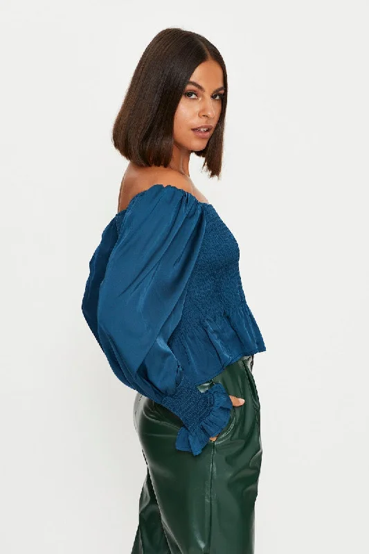 Blue Peplum Blouse Long Sleeve Off Shoulder