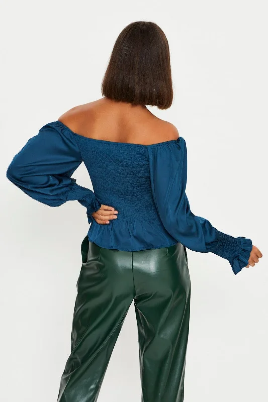 Blue Peplum Blouse Long Sleeve Off Shoulder