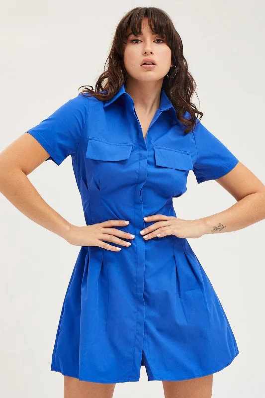 Blue Shirt Dress Short Sleeve Mini