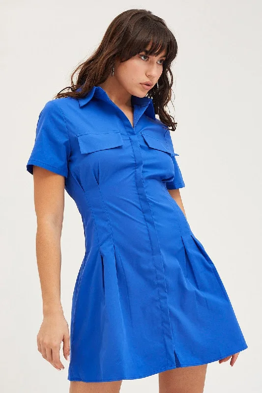 Blue Shirt Dress Short Sleeve Mini