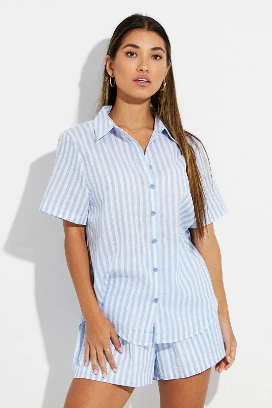 Blue Stripe Oversized Shirt Short Sleeve Collared Button Up