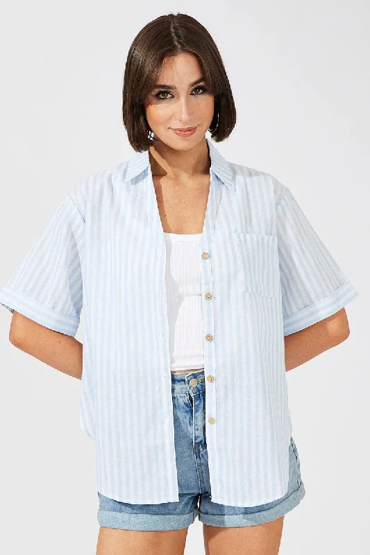 Blue Stripe Shirt Short Sleeve Collared Neck