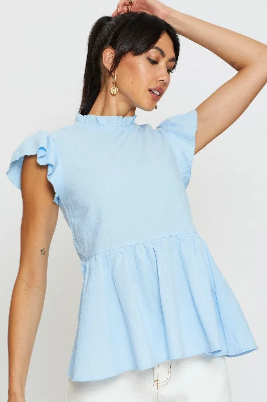 Blue Workwear Blouse Short Sleeve Linen