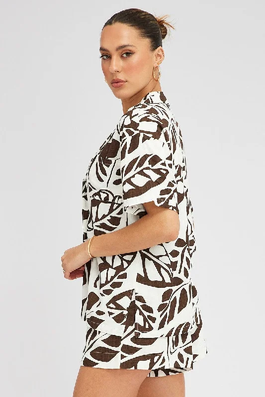 Brown Abstract Linen Shirt Short Sleeve