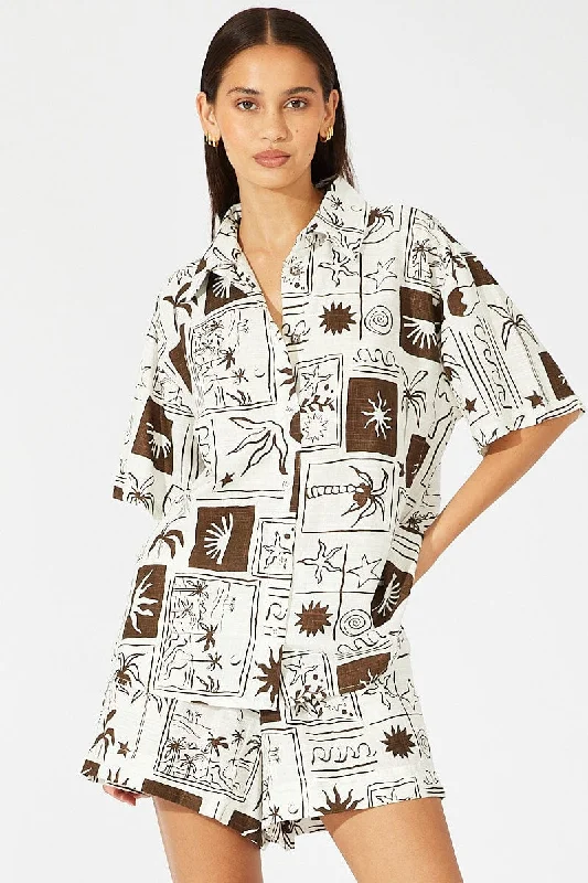 Brown Abstract Linen Shirt Short Sleeve