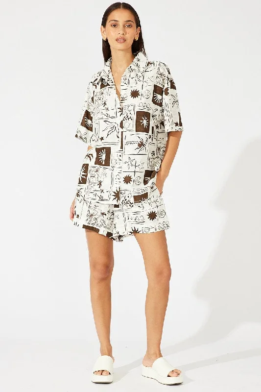 Brown Abstract Linen Shirt Short Sleeve