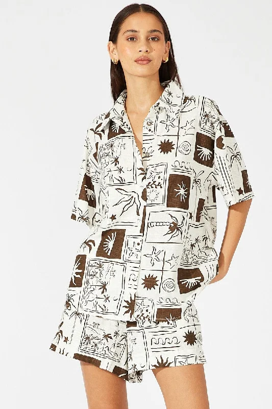 Brown Abstract Linen Shirt Short Sleeve