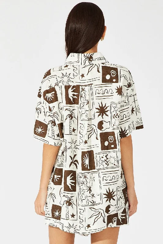 Brown Abstract Linen Shirt Short Sleeve