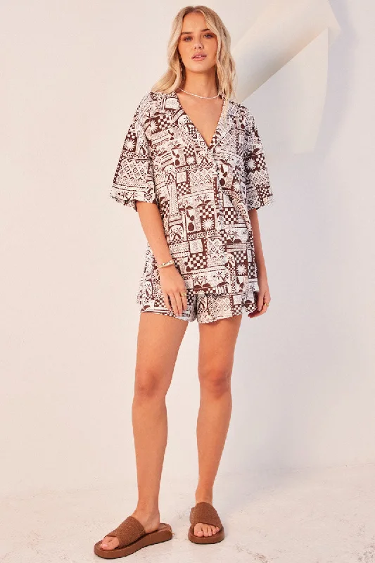 Brown Abstract Relaxed Shirt Short Sleeve