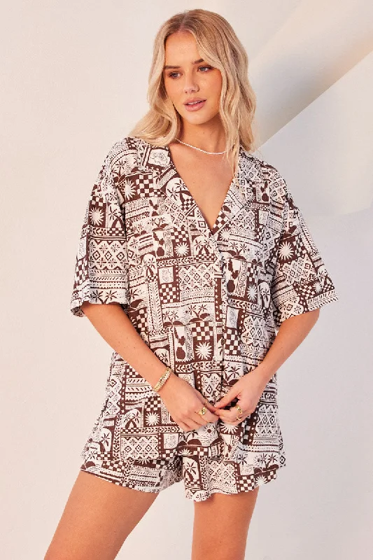 Brown Abstract Relaxed Shirt Short Sleeve