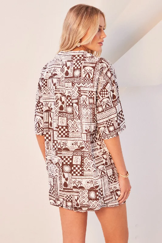 Brown Abstract Relaxed Shirt Short Sleeve