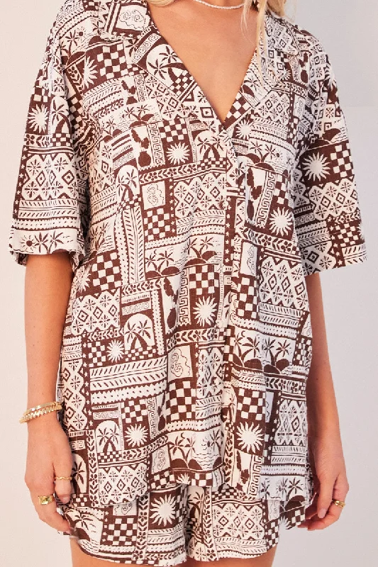 Brown Abstract Relaxed Shirt Short Sleeve