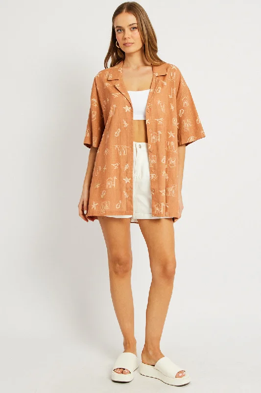 Brown Abstract Relaxed Shirt Short Sleeve