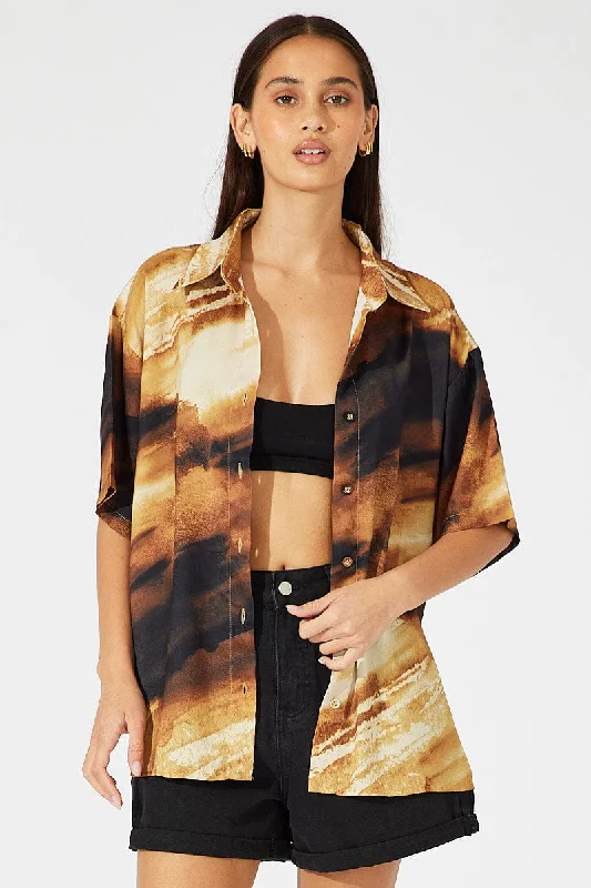 Brown Abstract Satin Shirt Short Sleeve