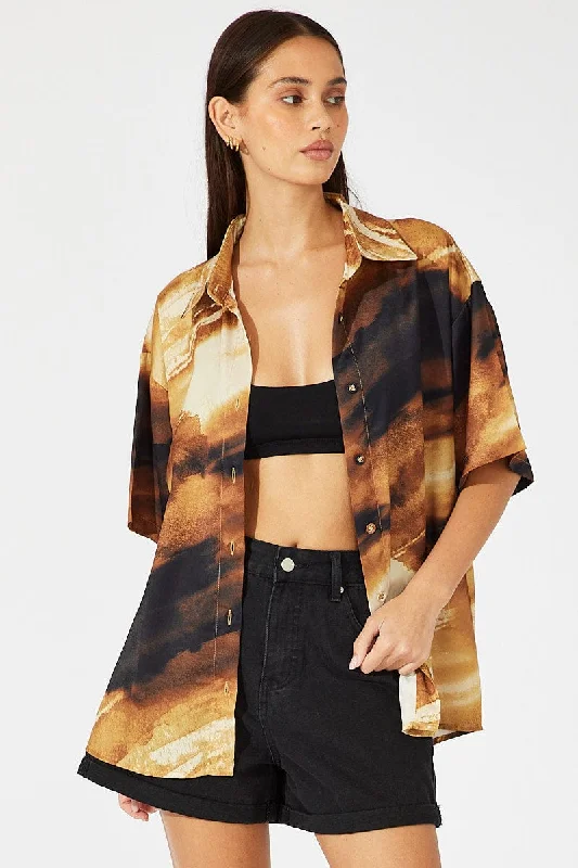 Brown Abstract Satin Shirt Short Sleeve