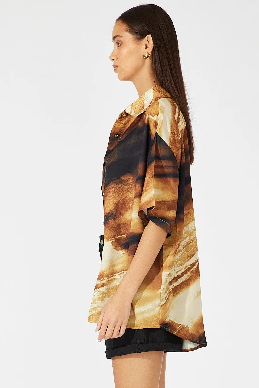 Brown Abstract Satin Shirt Short Sleeve