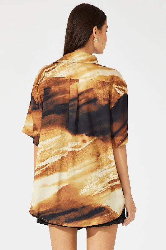 Brown Abstract Satin Shirt Short Sleeve