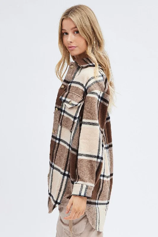 Brown Check Shirt Collar Long Sleeve Check