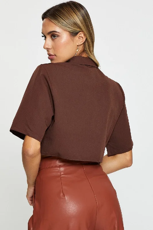 Brown Crop Shirts Short Sleeve Collared