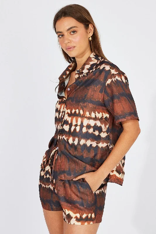 Brown Print Oversized Shirt and Pull on Shorts Set