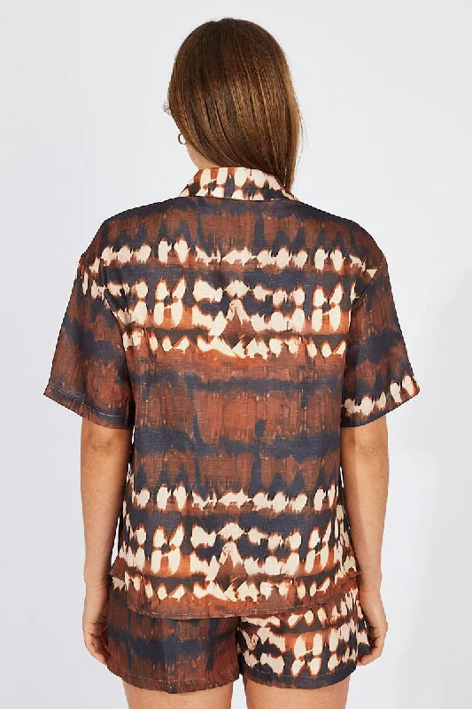 Brown Print Oversized Shirt and Pull on Shorts Set