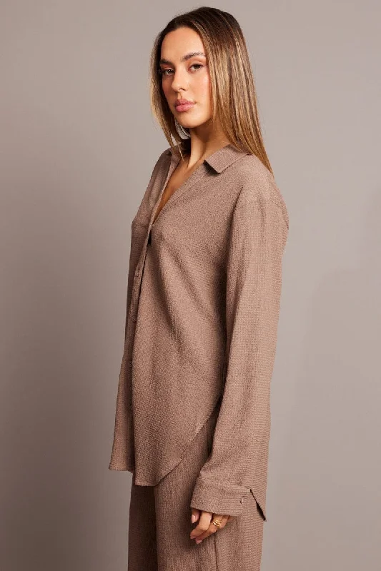 Brown Relaxed Shirt Long Sleeve Textured