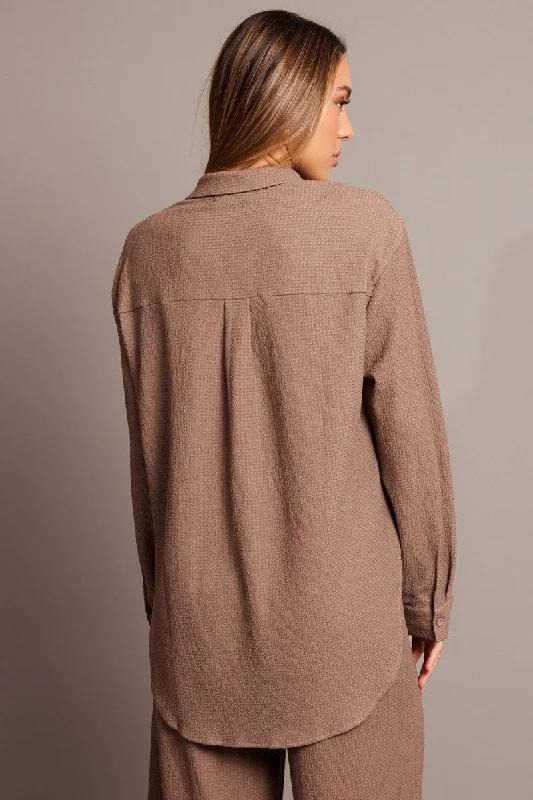 Brown Relaxed Shirt Long Sleeve Textured