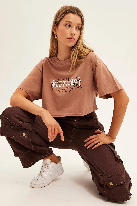 Brown San Diego Crew Short Sleeve Graphic Crop T-Shirt