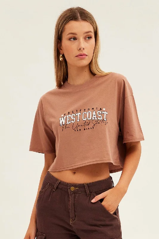 Brown San Diego Crew Short Sleeve Graphic Crop T-Shirt