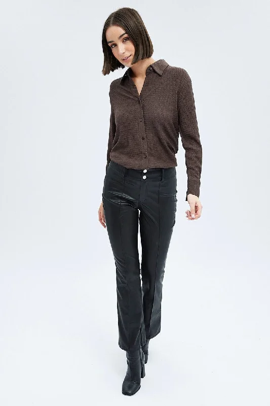 Brown Shirt Long Sleeve Collared Neck Textured