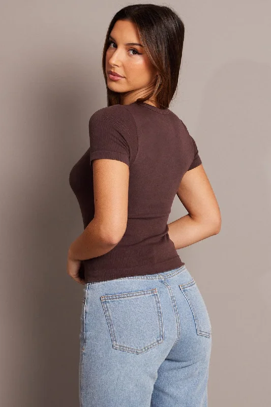 Brown T Shirt Short Sleeve Crew Neck Seamless