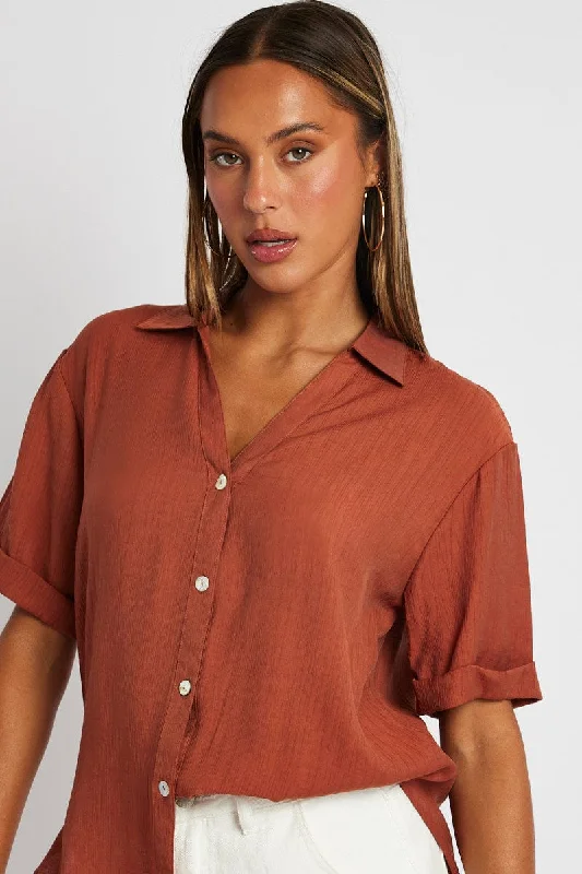 Brown Textured Shirt Short Sleeve