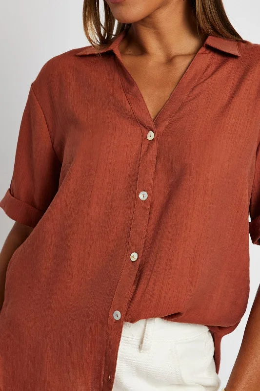 Brown Textured Shirt Short Sleeve