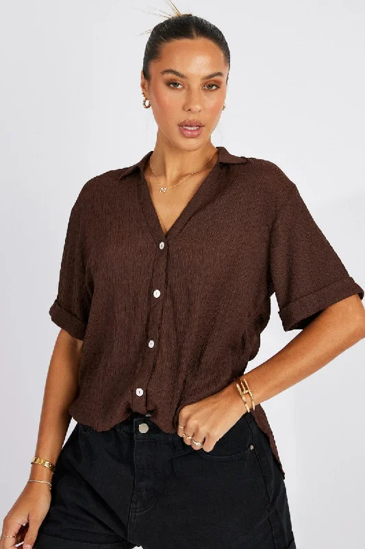 Brown Textured Shirt Short Sleeve