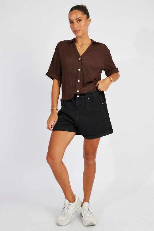 Brown Textured Shirt Short Sleeve