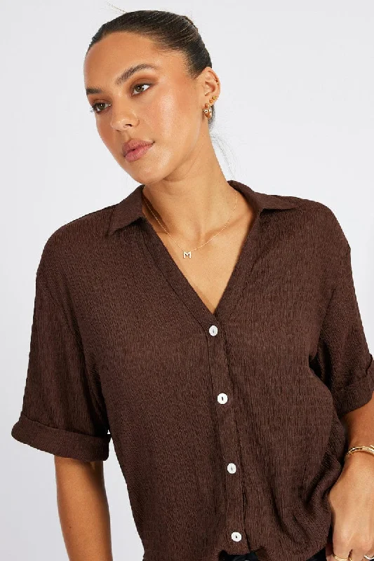 Brown Textured Shirt Short Sleeve