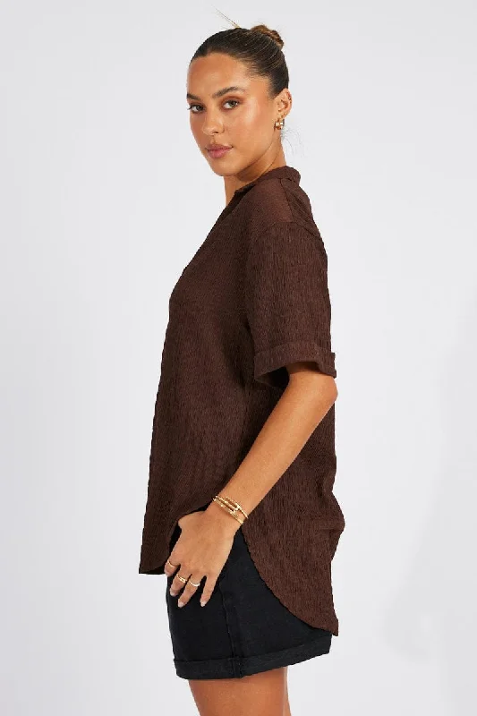 Brown Textured Shirt Short Sleeve