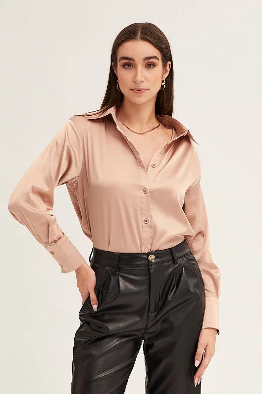 Camel Neutral Satin Shirt Long Sleeve Collared Longline