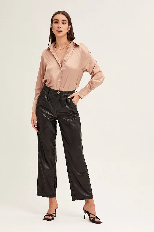 Camel Neutral Satin Shirt Long Sleeve Collared Longline