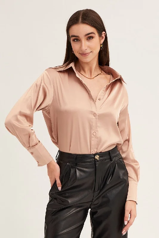 Camel Neutral Satin Shirt Long Sleeve Collared Longline