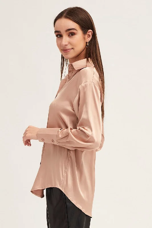 Camel Neutral Satin Shirt Long Sleeve Collared Longline