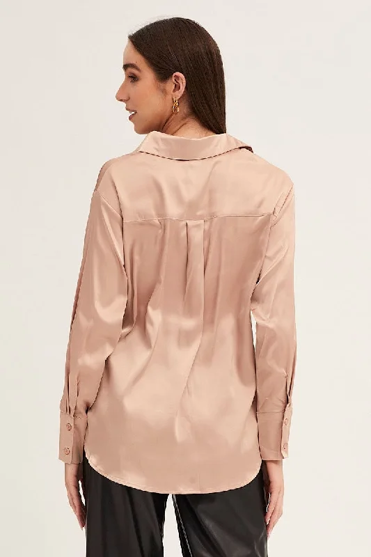 Camel Neutral Satin Shirt Long Sleeve Collared Longline