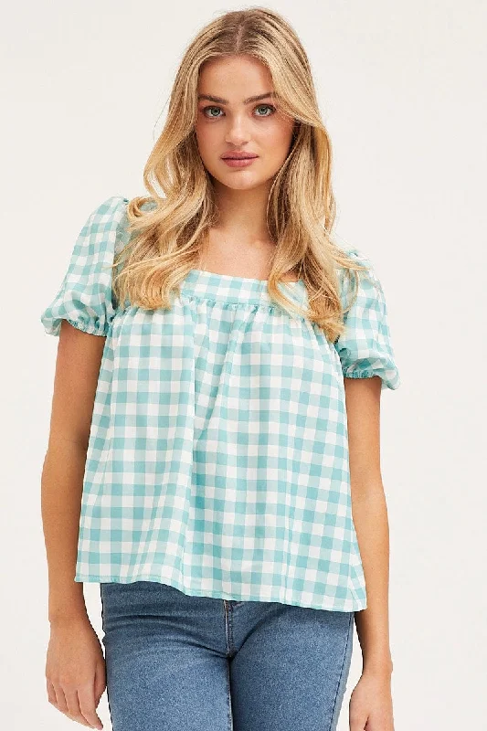 Check Scoop Neck Top Short Sleeve