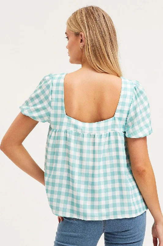 Check Scoop Neck Top Short Sleeve