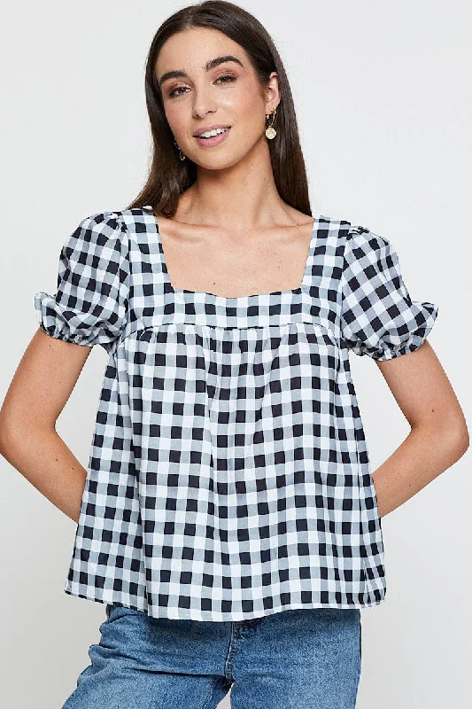 Check Scoop Neck Top Short Sleeve