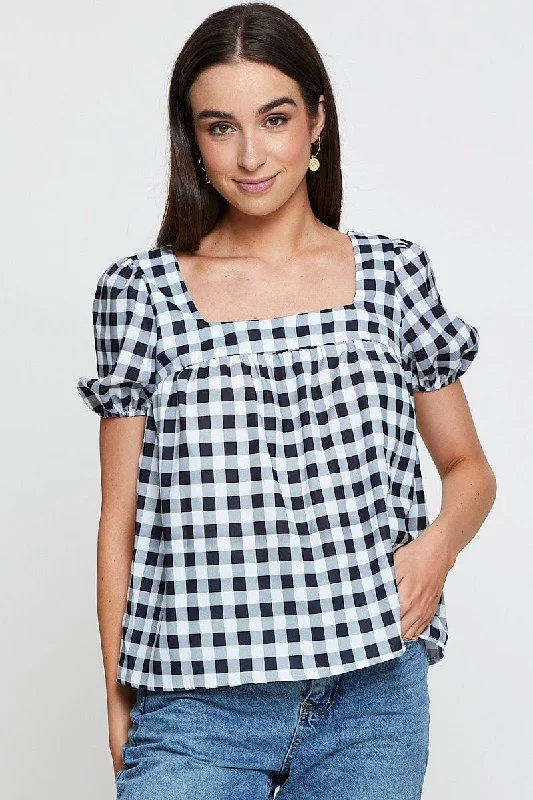 Check Scoop Neck Top Short Sleeve